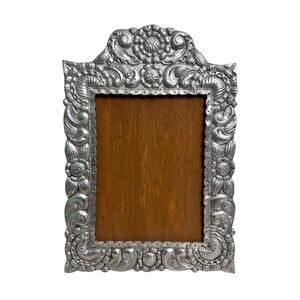 Ornate Large Repoussé Pewter Spanish Colonial Silver Frame 26x18 Crested Metal
